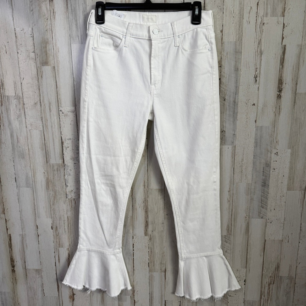 MOTHER The Cha Cha Fray Hem Jeans Womens 27 White High-Rise Flared Boho Belled